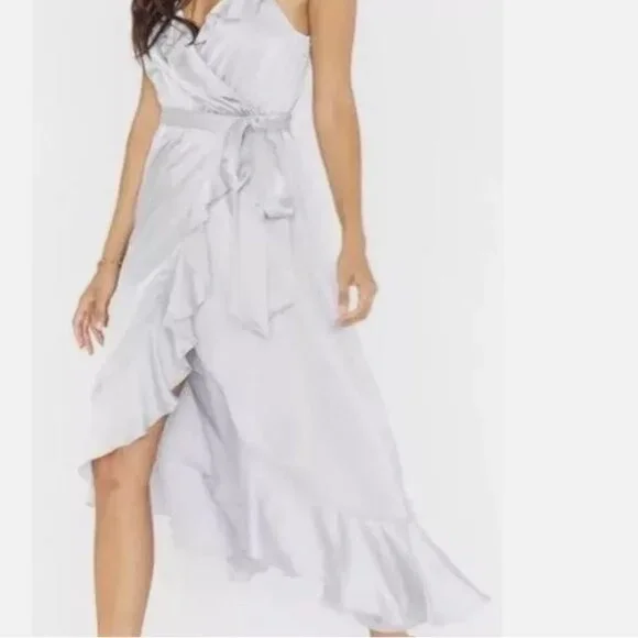 SHOW ME YOUR MUMU Samantha Ruffle Wrap Dress Bridal Silver Luxe Satin Size Small - Picture 3 of 4